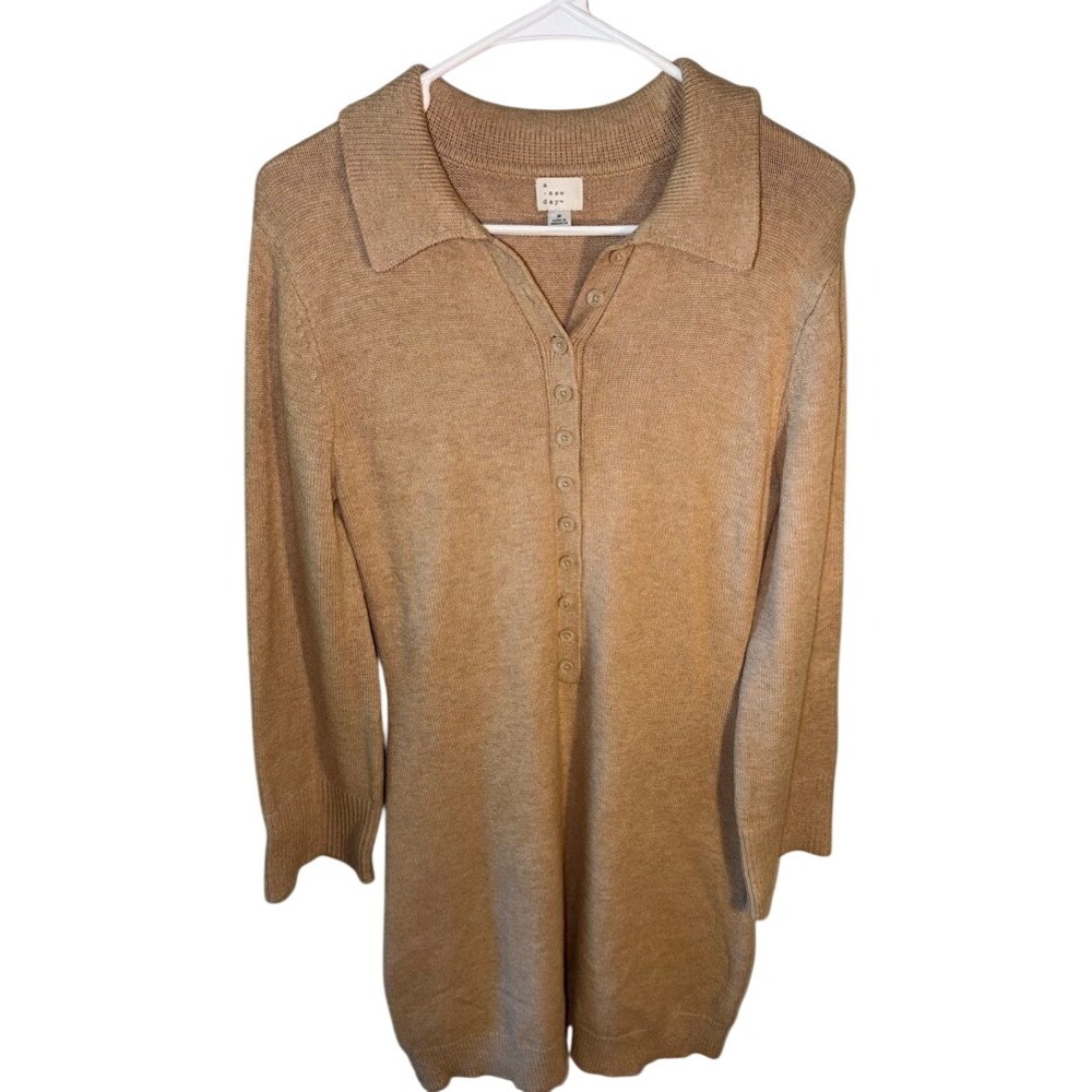 A New Day Womens Tan Knit Polo Collar Long Sleeve Button FrontSweater Dress